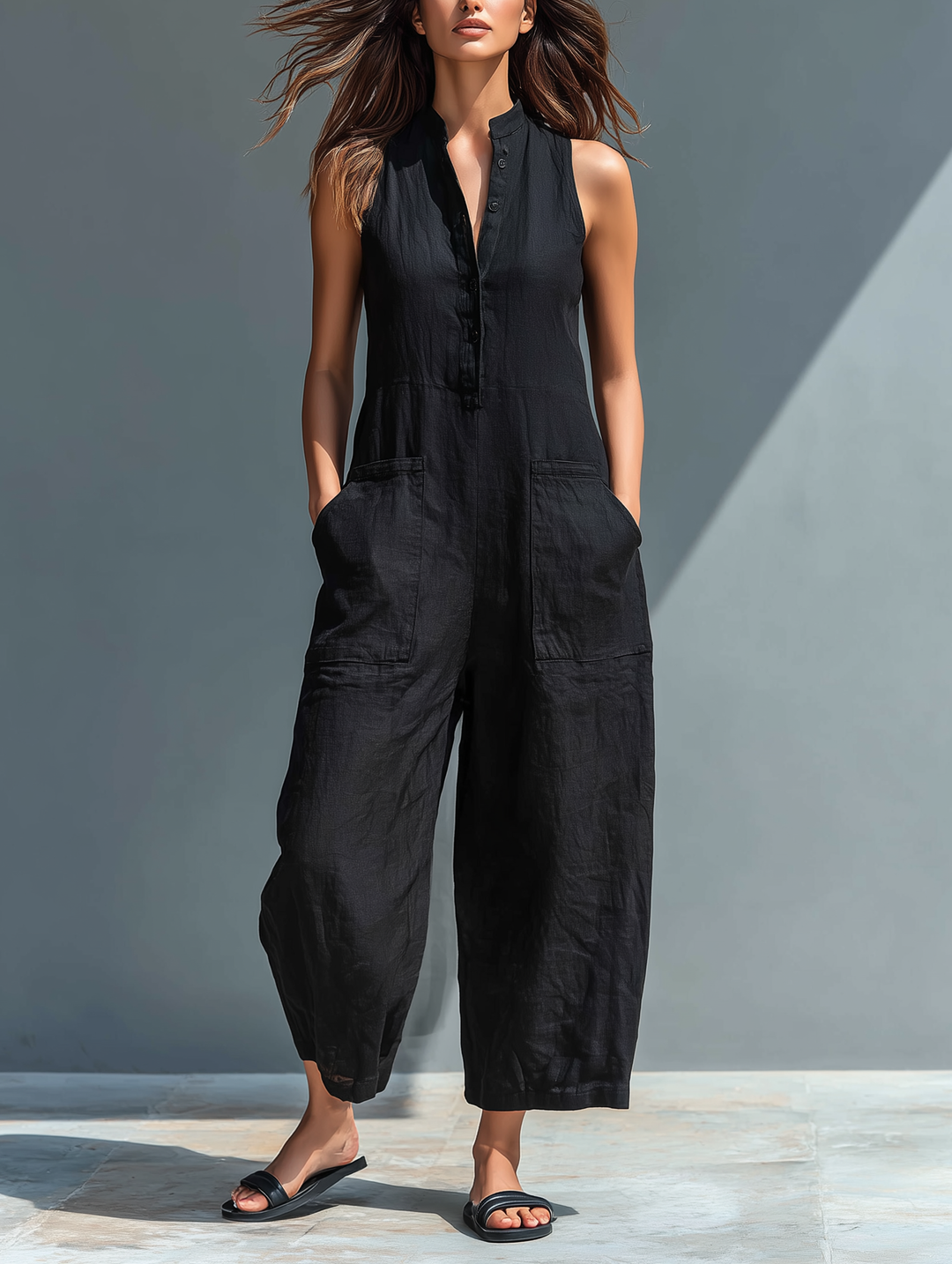 Women's Sleeveless Jumpsuit - Elegant Mandarin Collar