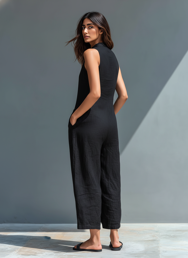 Women's Sleeveless Jumpsuit - Elegant Mandarin Collar
