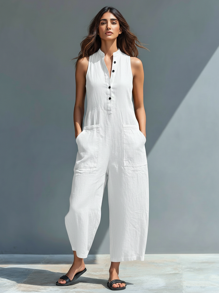 Women's Sleeveless Jumpsuit - Elegant Mandarin Collar - White