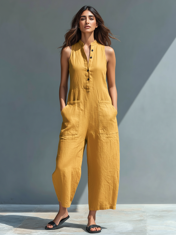 Women's Sleeveless Jumpsuit - Elegant Mandarin Collar - Yellow