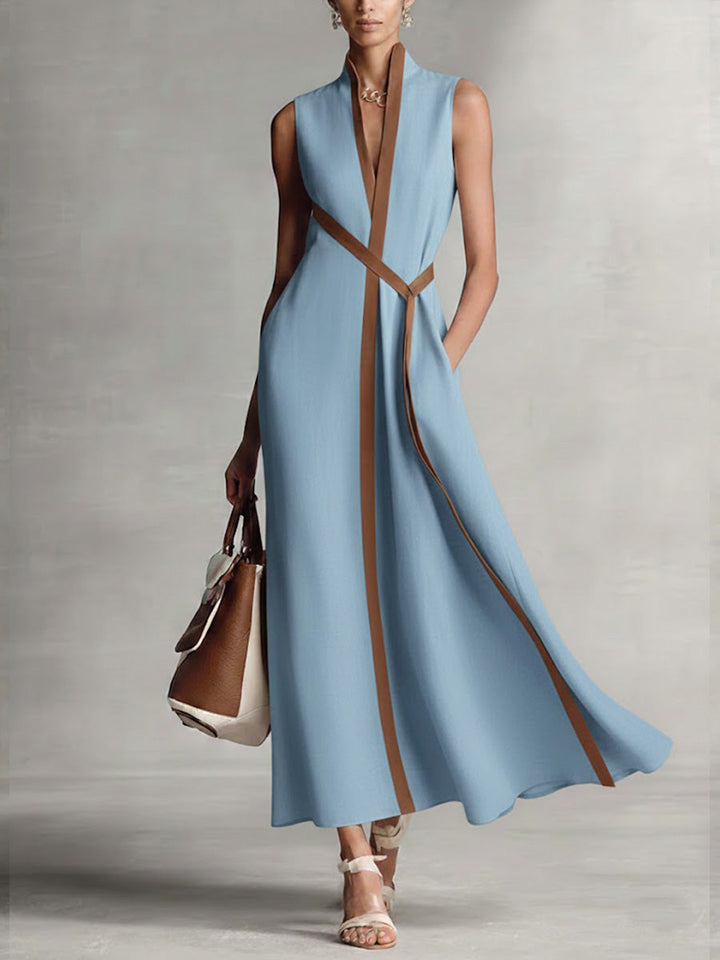 Women's Sleeveless Shift Dress - Relaxed Fit Stand Collar - Blue