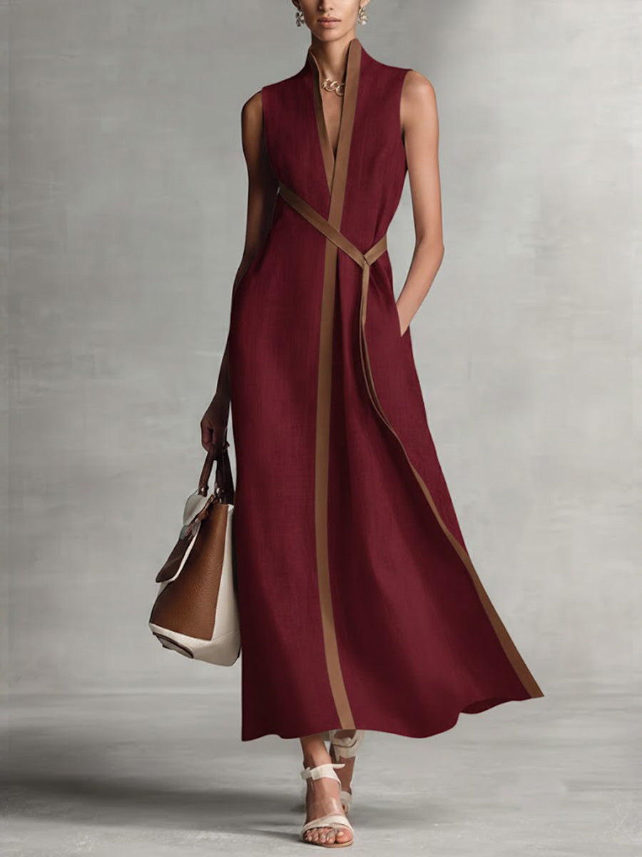 Women's Sleeveless Shift Dress - Relaxed Fit Stand Collar - Burgundy