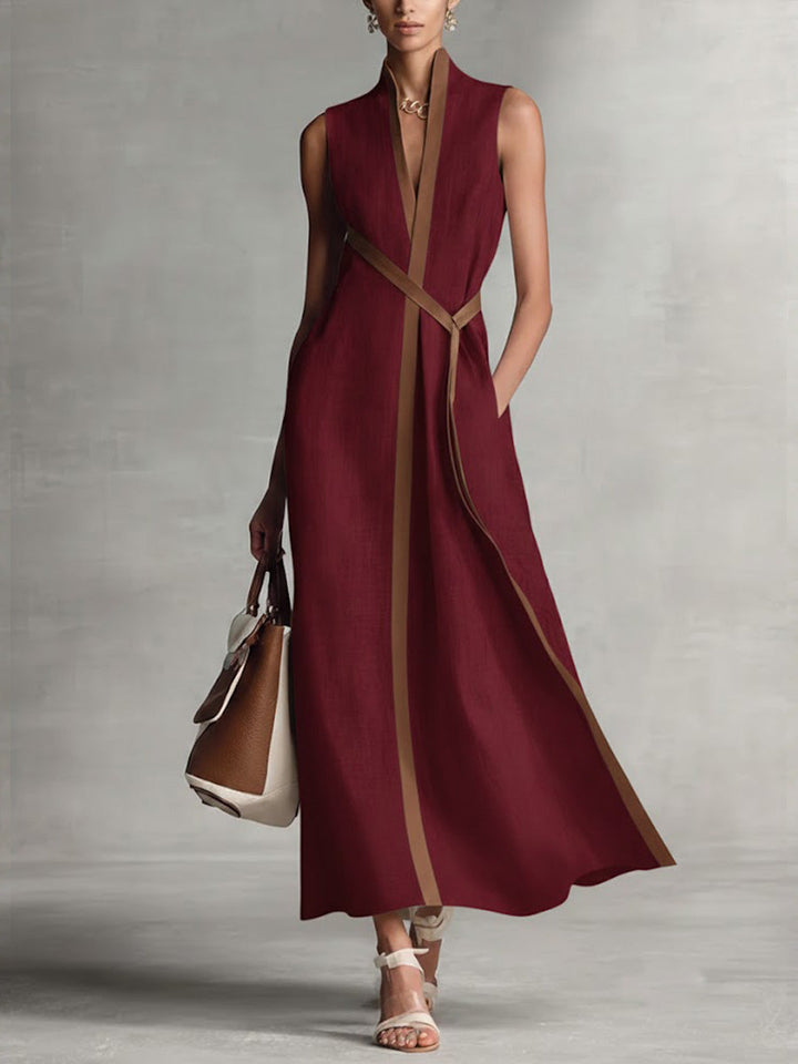 Women's Sleeveless Shift Dress - Relaxed Fit Stand Collar - Burgundy