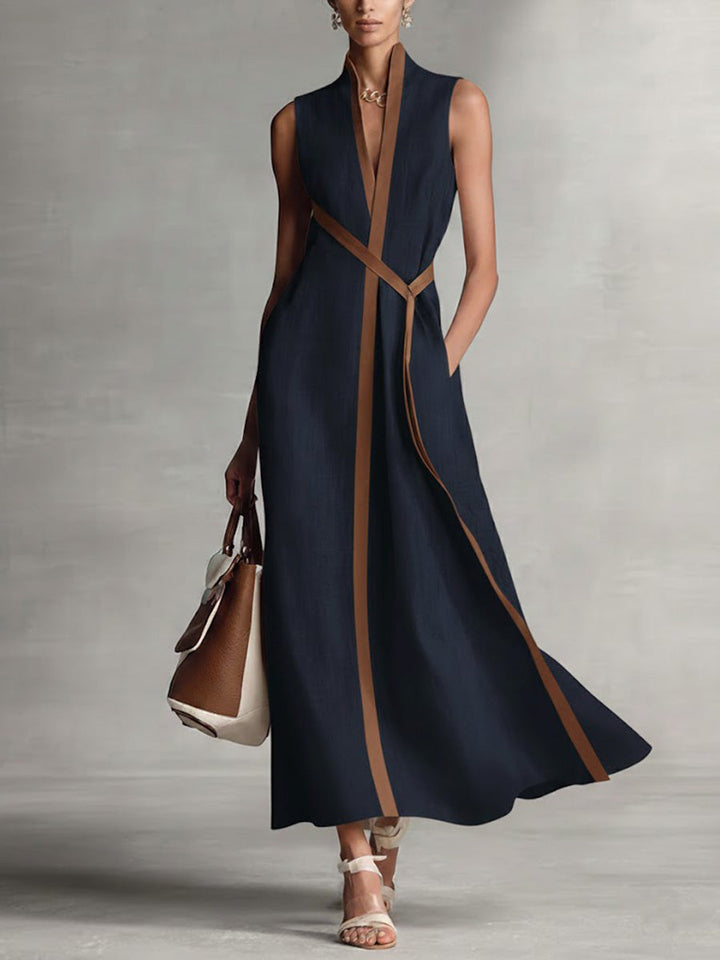 Women's Sleeveless Shift Dress - Relaxed Fit Stand Collar - Navy