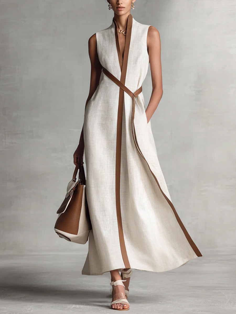 Women's Sleeveless Shift Dress - Relaxed Fit Stand Collar - White