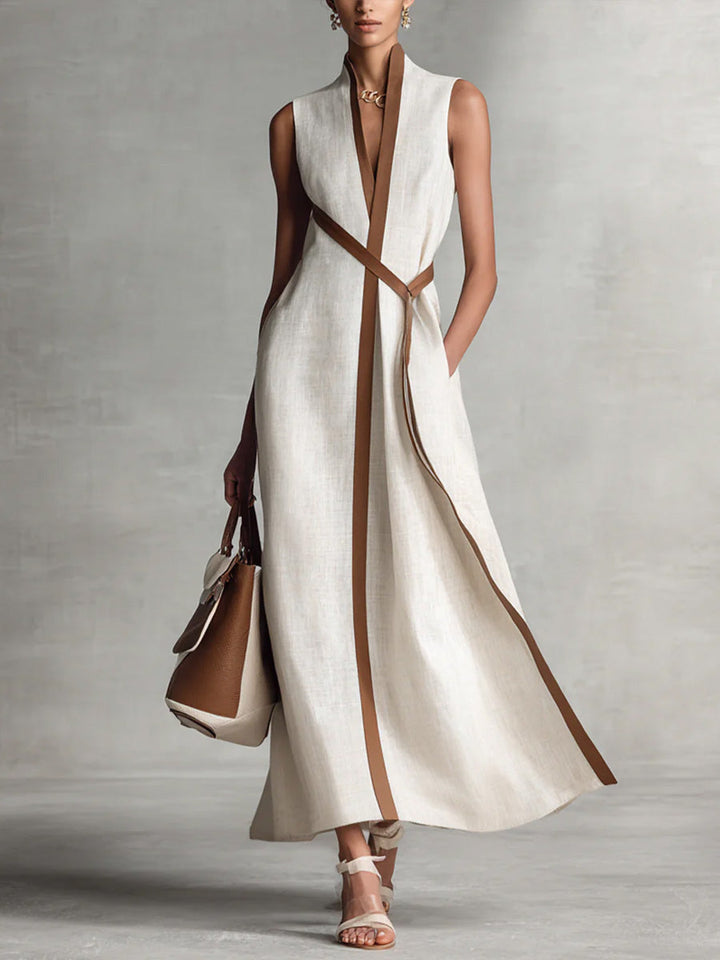 Women's Sleeveless Shift Dress - Relaxed Fit Stand Collar - White