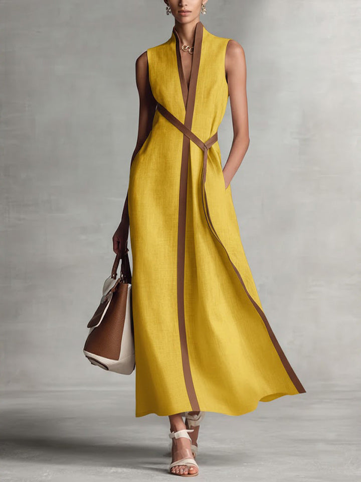 Women's Sleeveless Shift Dress - Relaxed Fit Stand Collar - Yellow