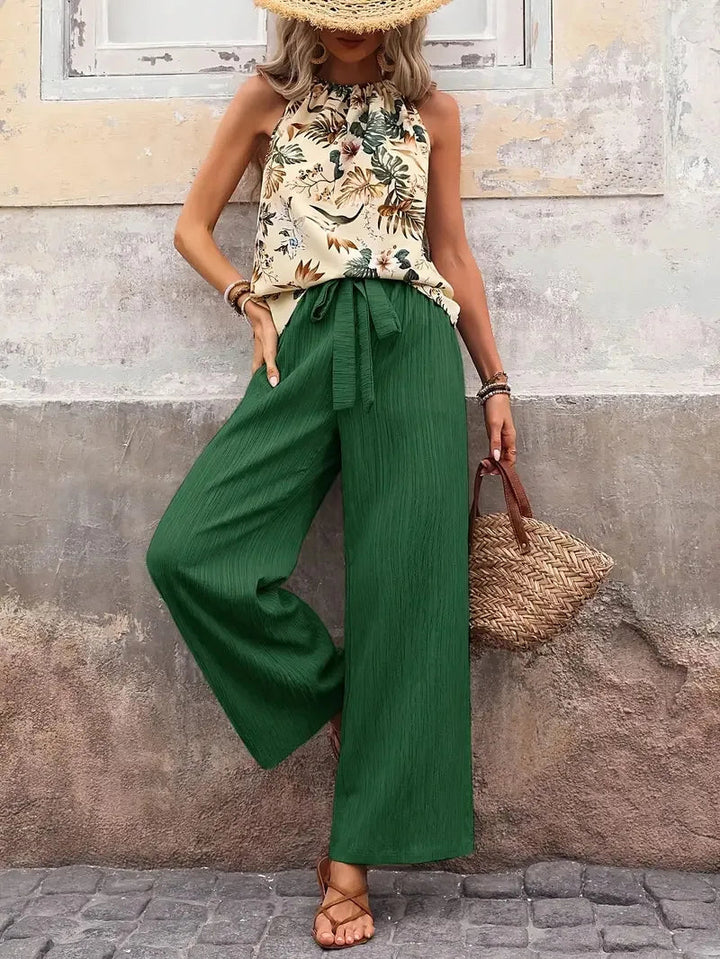 Women's Sleeveless Two-Piece Set - Relaxed Fit Top & Pants - Dark Green