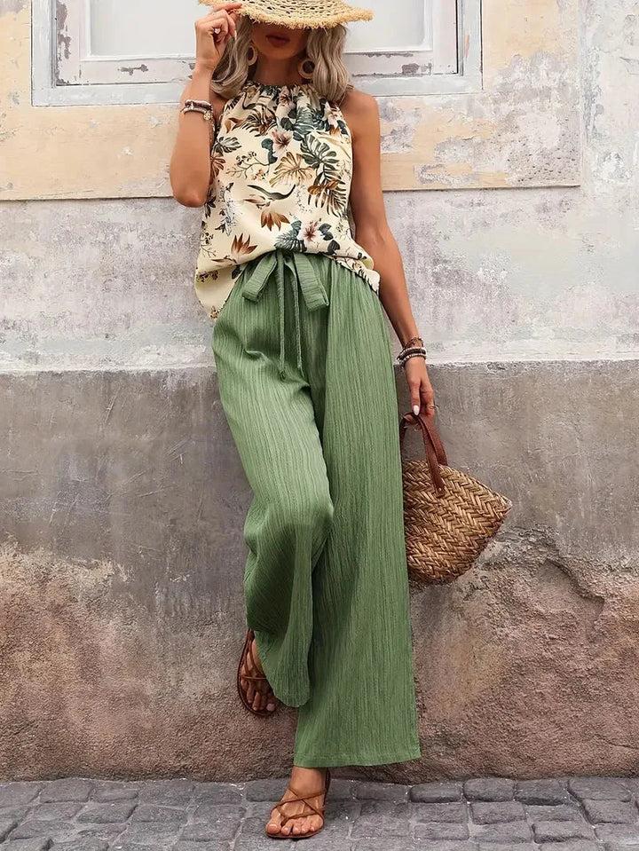 Women's Sleeveless Two-Piece Set - Relaxed Fit Top & Pants - Green