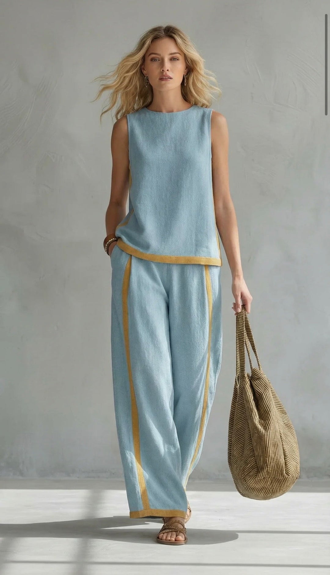 Women's Sleeveless Two-Piece Set - Wide-Leg Trousers - Blue