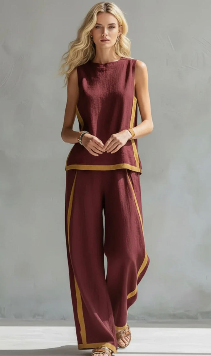 Women's Sleeveless Two-Piece Set - Wide-Leg Trousers - Burgundy