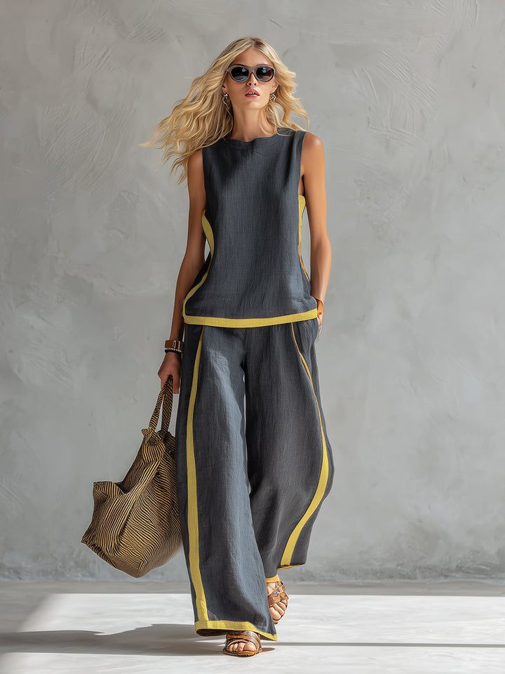 Women's Sleeveless Two-Piece Set - Wide-Leg Trousers - Gray