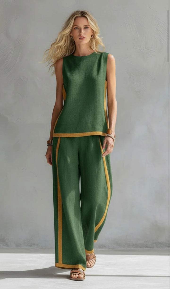 Women's Sleeveless Two-Piece Set - Wide-Leg Trousers - Green