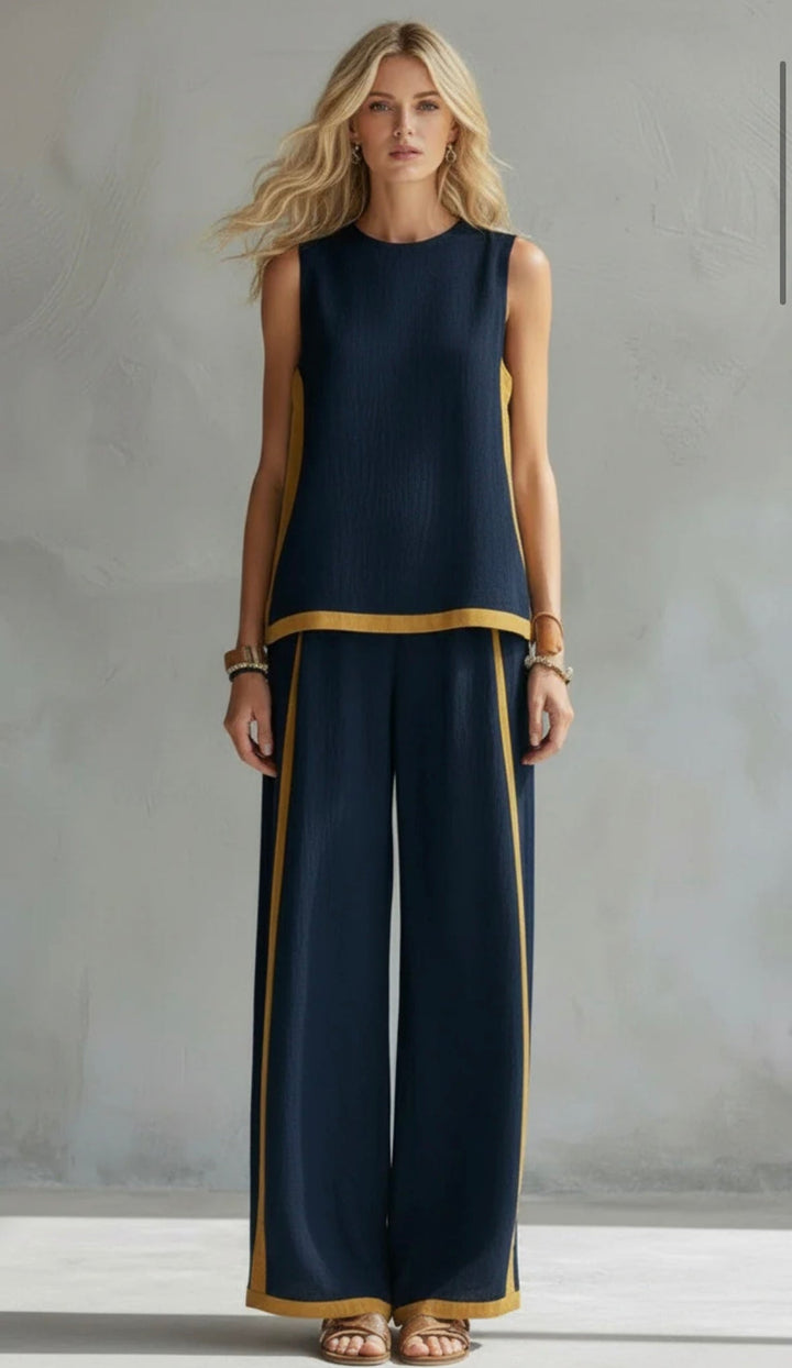 Women's Sleeveless Two-Piece Set - Wide-Leg Trousers - Navy