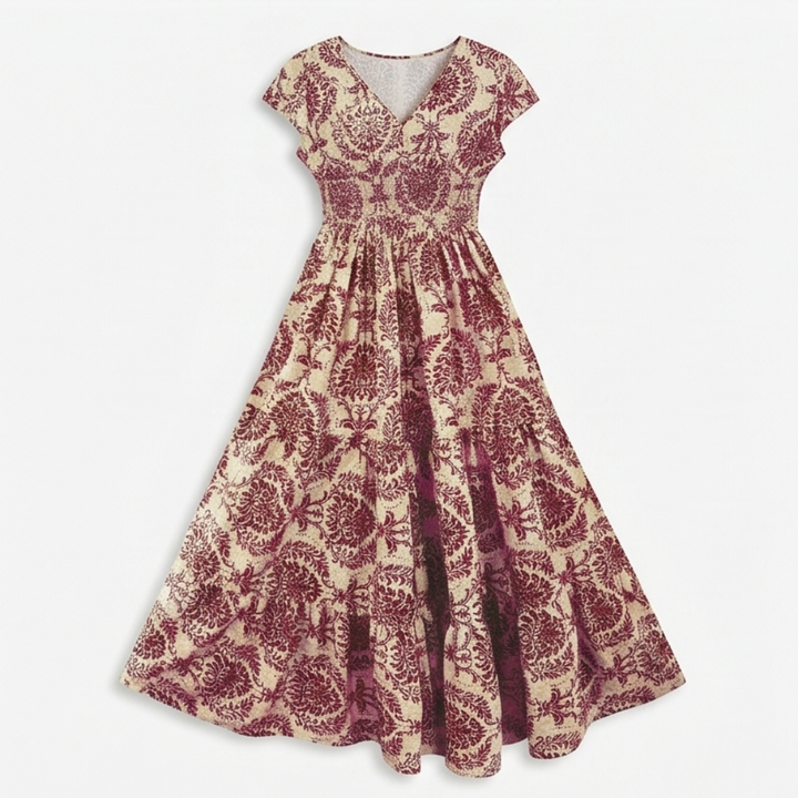 Women's Smocked Floral Maxi Dress - V-Neck Tiered Skirt - Burgundy