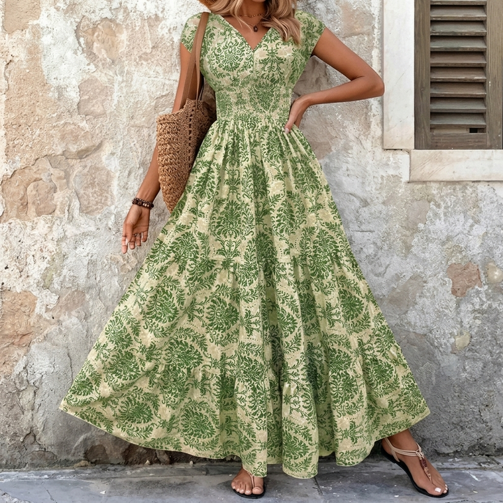 Women's Smocked Floral Maxi Dress - V-Neck Tiered Skirt