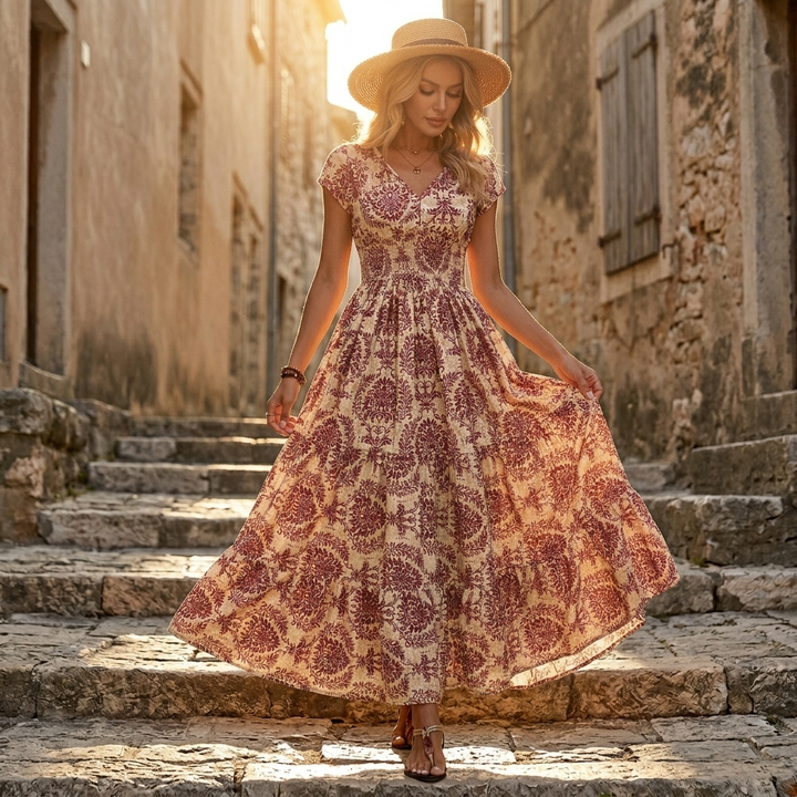 Women's Smocked Floral Maxi Dress - V-Neck Tiered Skirt