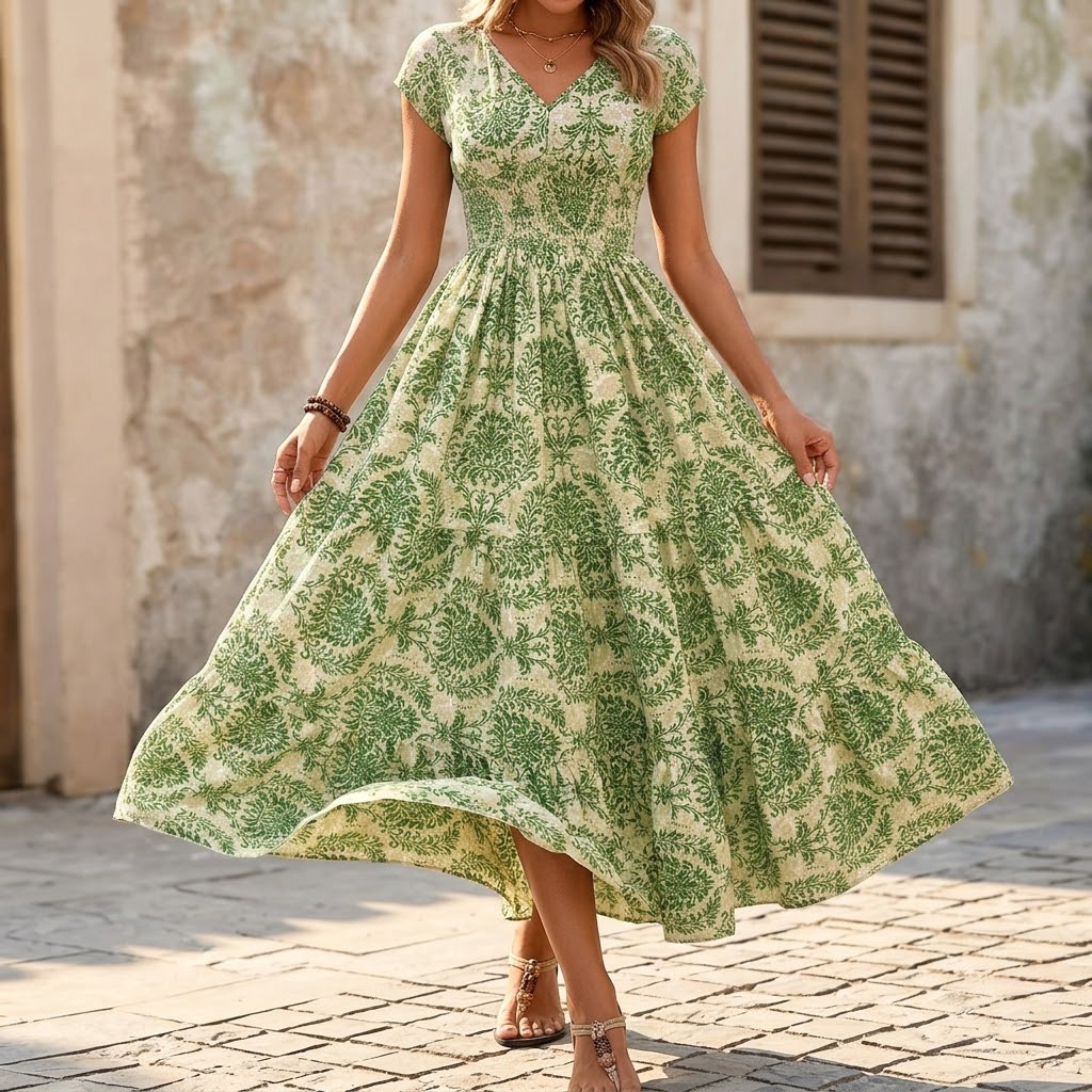 Women's Smocked Floral Maxi Dress - V-Neck Tiered Skirt