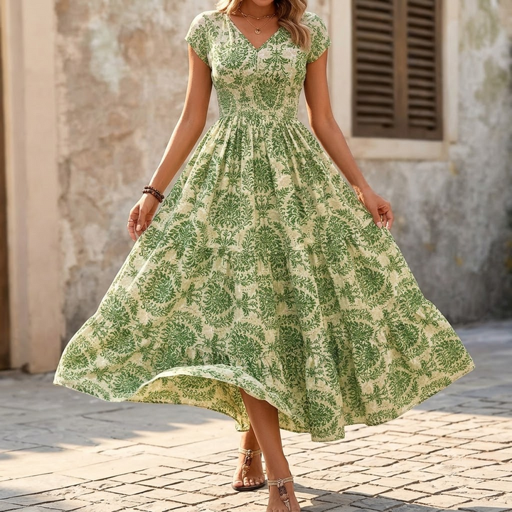 Women's Smocked Floral Maxi Dress - V-Neck Tiered Skirt