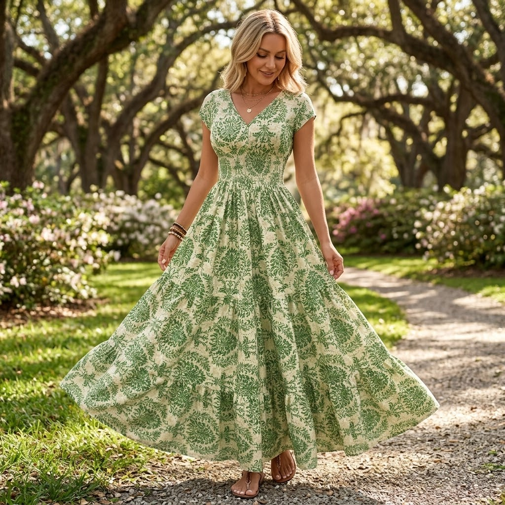 Women's Smocked Floral Maxi Dress - V-Neck Tiered Skirt