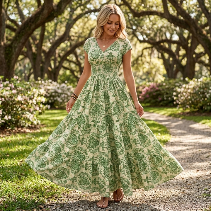 Women's Smocked Floral Maxi Dress - V-Neck Tiered Skirt