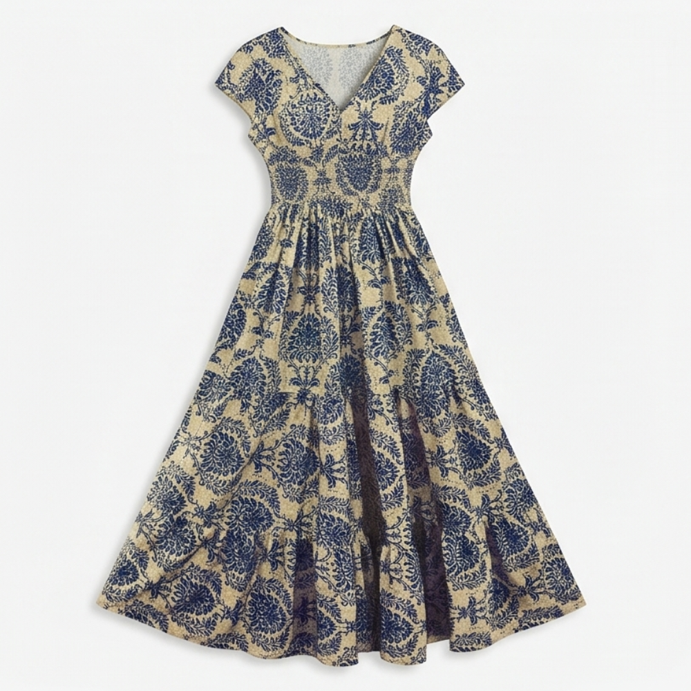 Women's Smocked Floral Maxi Dress - V-Neck Tiered Skirt - Navy Blue