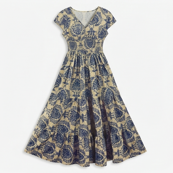 Women's Smocked Floral Maxi Dress - V-Neck Tiered Skirt - Navy Blue