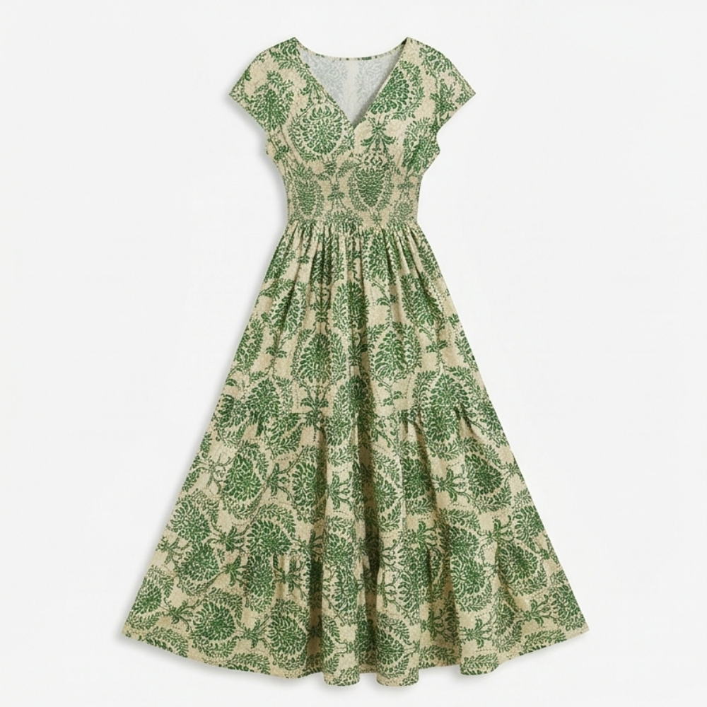 Women's Smocked Floral Maxi Dress - V-Neck Tiered Skirt - Sage Green