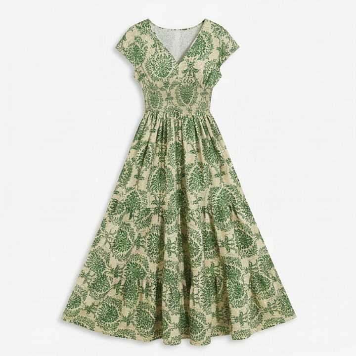 Women's Smocked Floral Maxi Dress - V-Neck Tiered Skirt - Sage Green