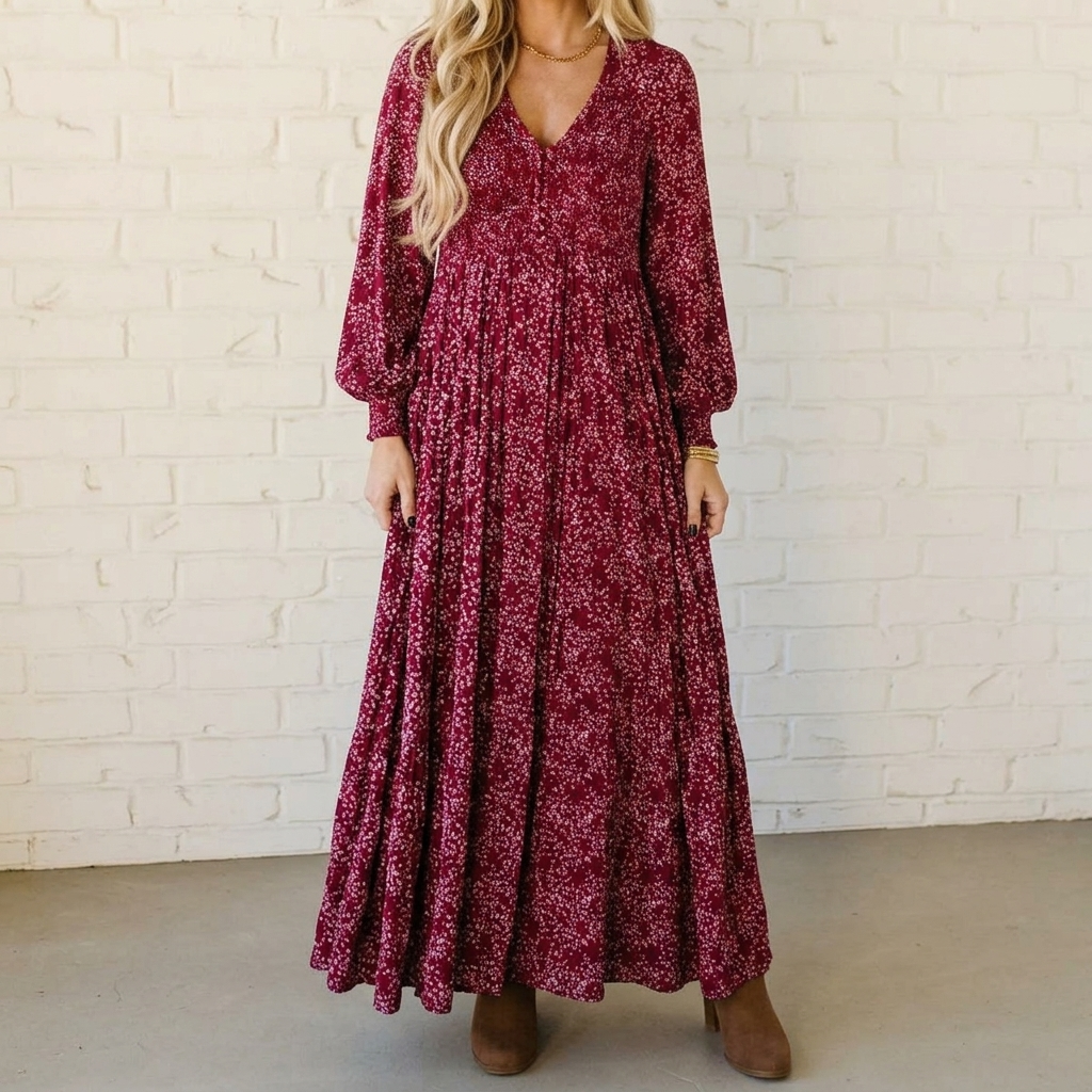 Women's Smocked Waist Floral Maxi Dress - Flowing Elegance