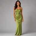 Women's Square Neck Ruched Satin Maxi Dress