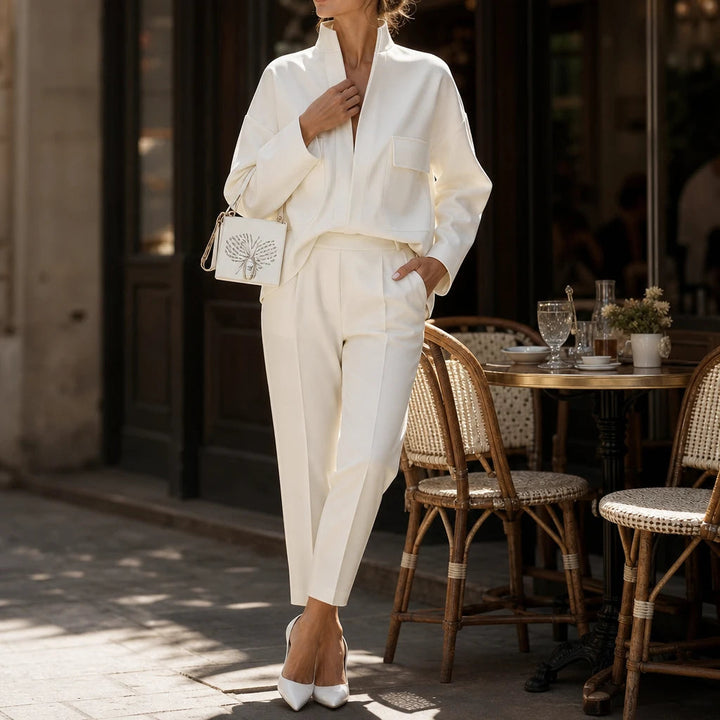 Women's Stand-Collar Shirt and Cropped Trouser Set - Coordinated Work