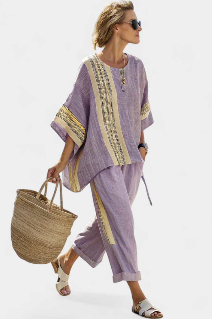 Women's Striped Linen Two-Piece Set - Relaxed Fit - Purple