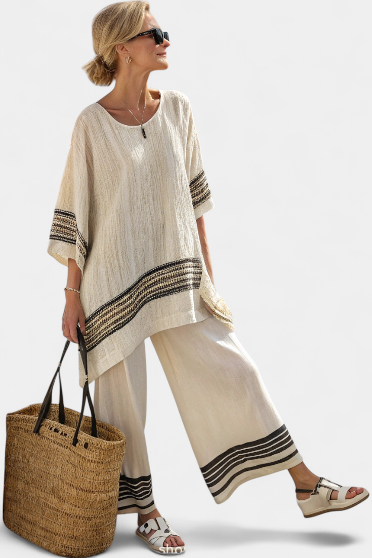 Women's Striped Linen Two-Piece Set - Relaxed Fit - White-Black