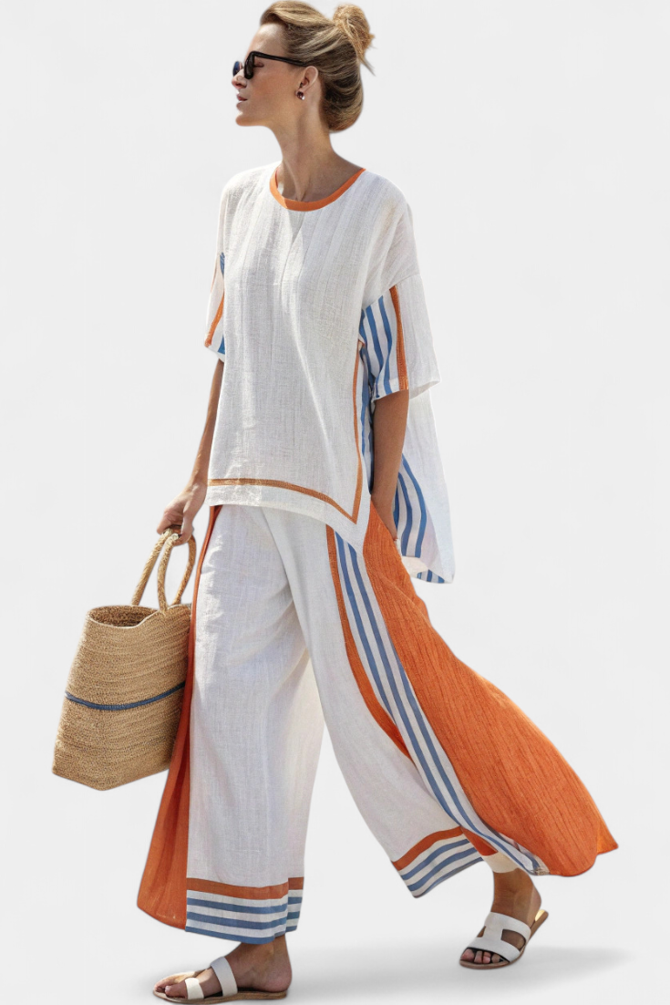 Women's Striped Linen Two-Piece Set - Relaxed Fit - White-Orange