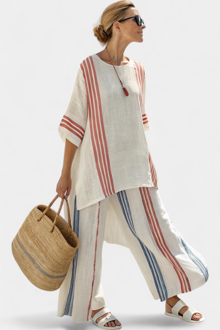 Women's Striped Linen Two-Piece Set - Relaxed Fit - White