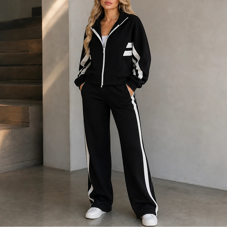 Women's Striped Lounge Set in black, Coordinated Two-Piece
