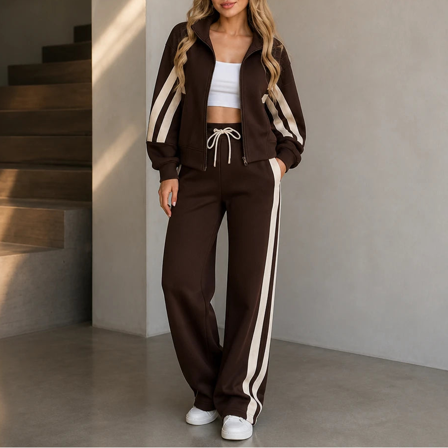 Women's Striped Lounge Set in dark brown, Coordinated Two-Piece