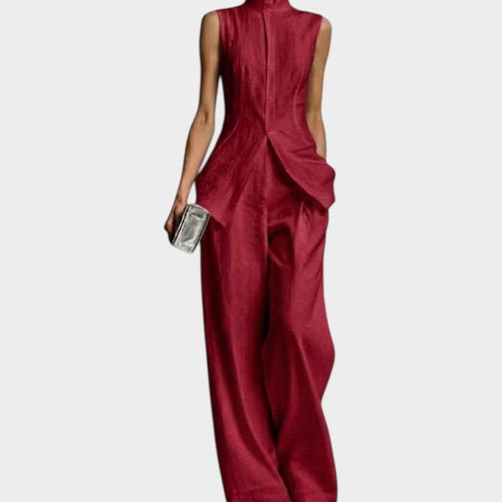 Women's Structured High-Neck Tailored Set - Sleek Two-Piece - Burgundy