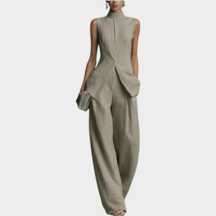 Women's Structured High-Neck Tailored Set - Sleek Two-Piece - Khaki