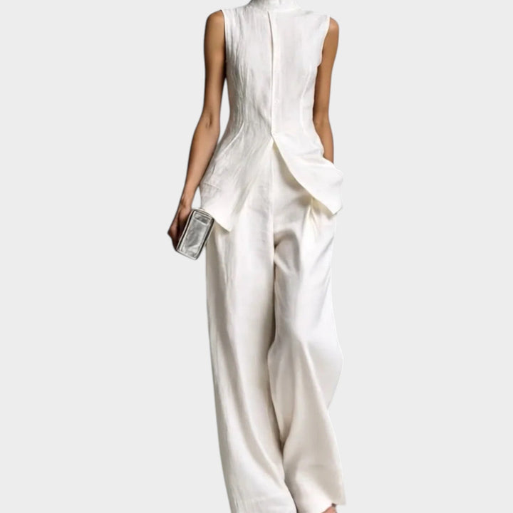 Women's Structured High-Neck Tailored Set - Sleek Two-Piece - White