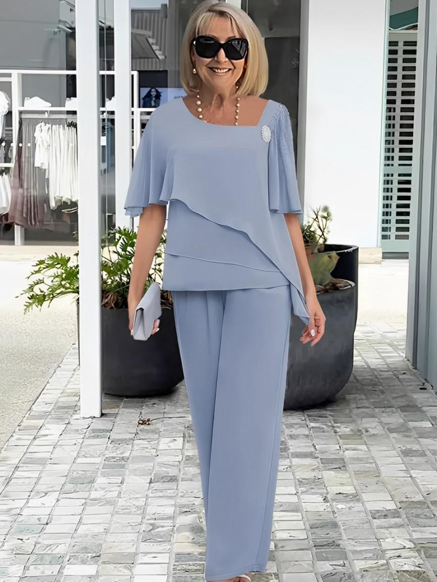 Women's Structured Two-Piece Set - Elegant Everyday Wear - Blue