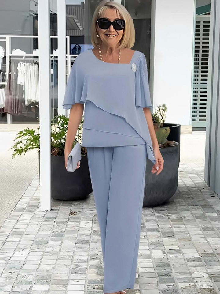 Women's Structured Two-Piece Set - Elegant Everyday Wear - Blue