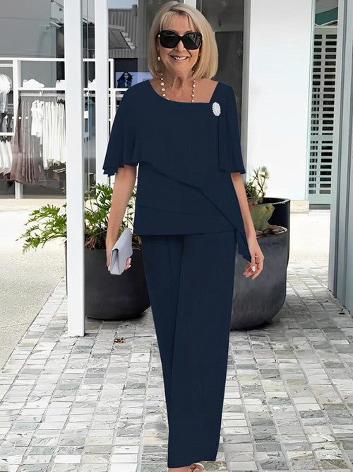 Women's Structured Two-Piece Set - Elegant Everyday Wear - Navy