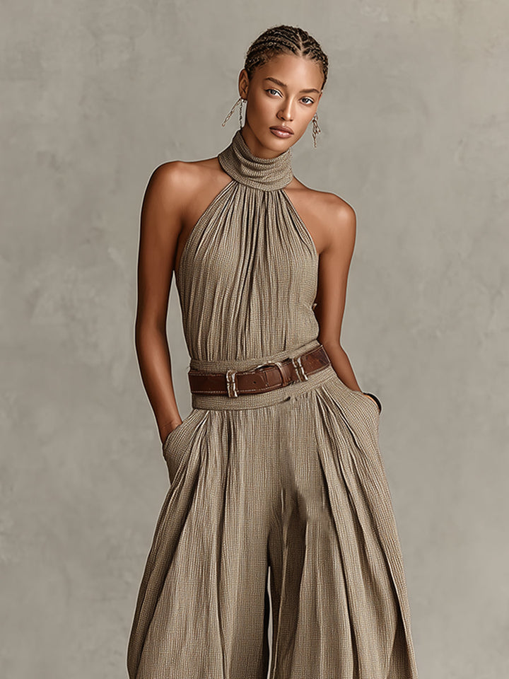 Women's Taupe Halter Wide-Leg Jumpsuit - Boho Summer