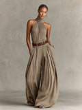 Women's Taupe Halter Wide-Leg Jumpsuit - Boho Summer