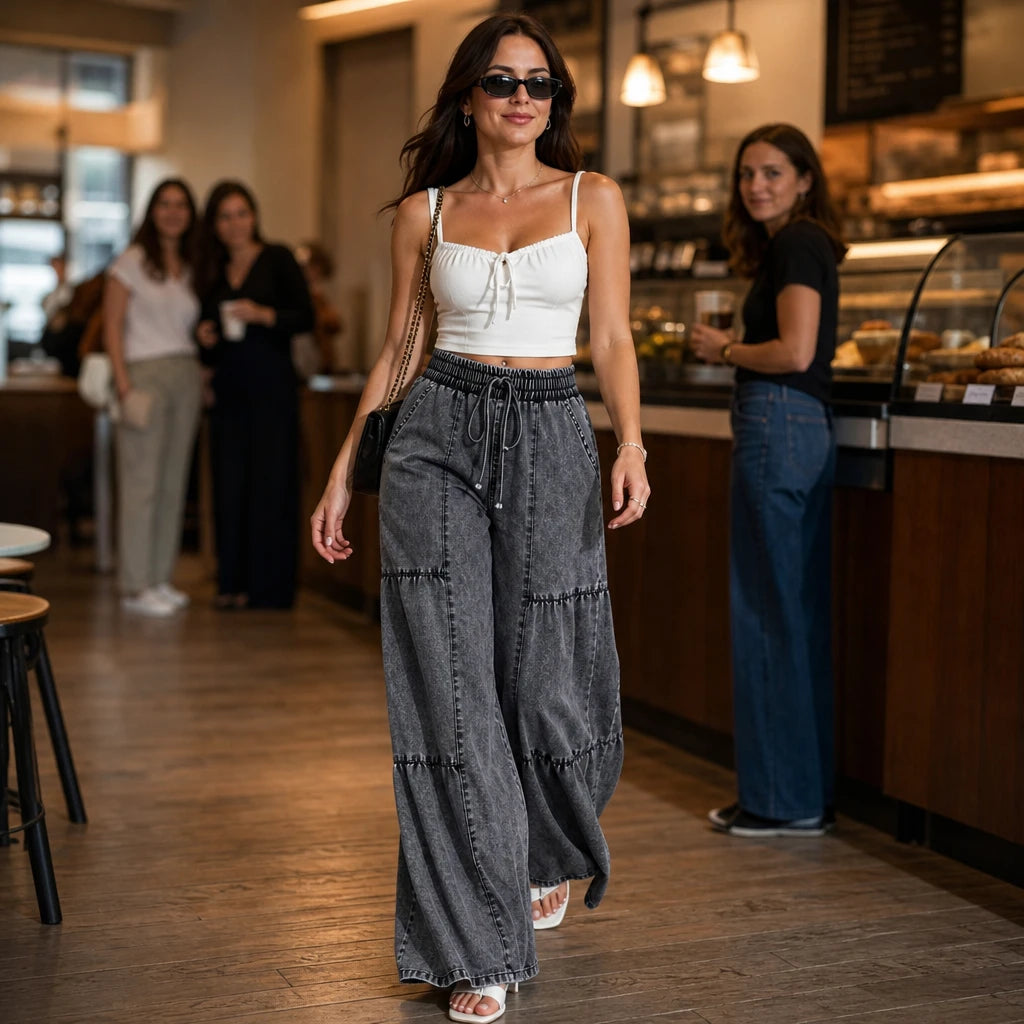 Women's Tiered Patchwork Wide-Leg Jeans - Floor-Length