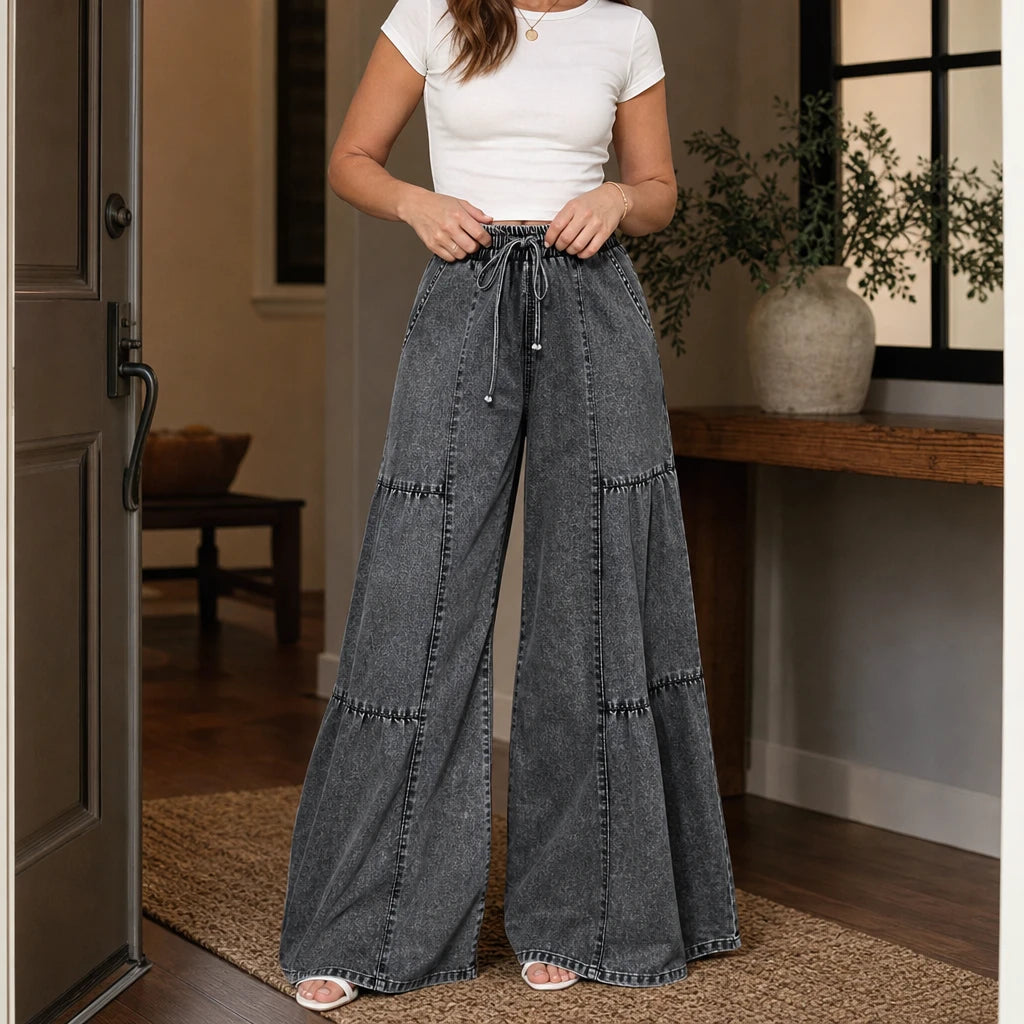 Women's Tiered Patchwork Wide-Leg Jeans - Floor-Length