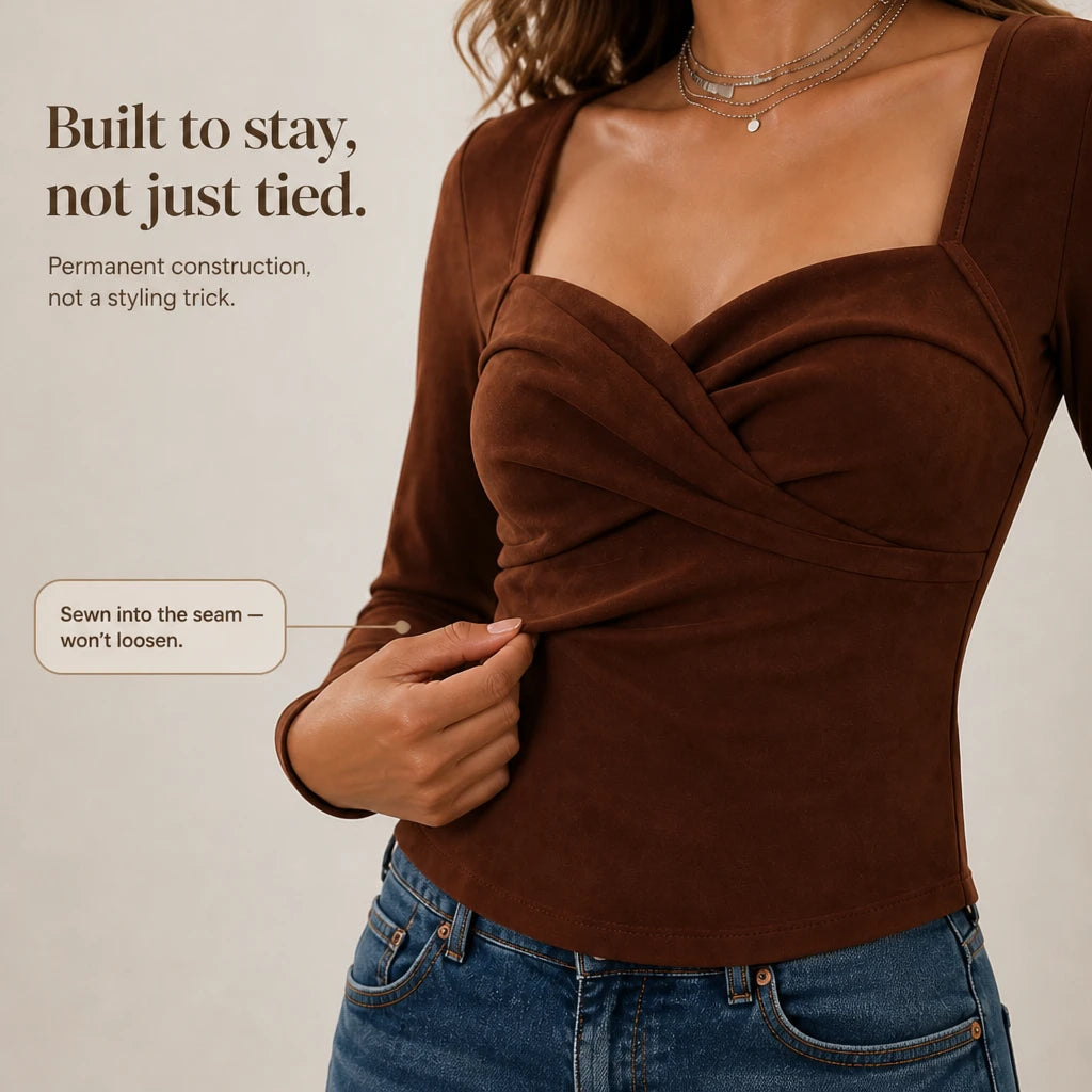 Women's Twisted-Front Sweetheart Neckline Long-Sleeve Top