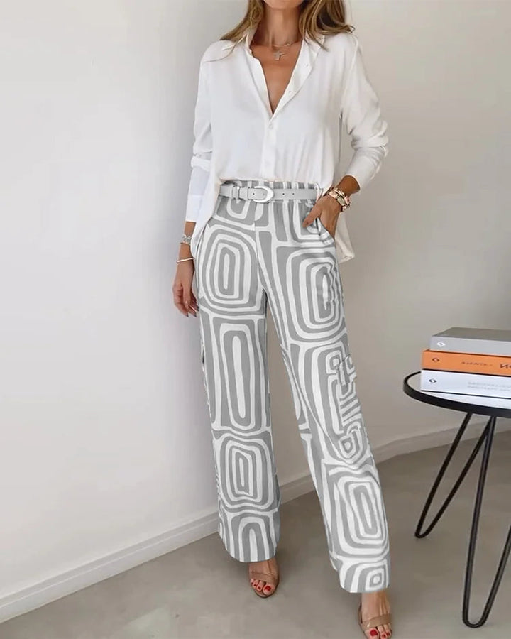 Women's Two-Piece Blouse and Pants Set - Elegant Casual - Gray